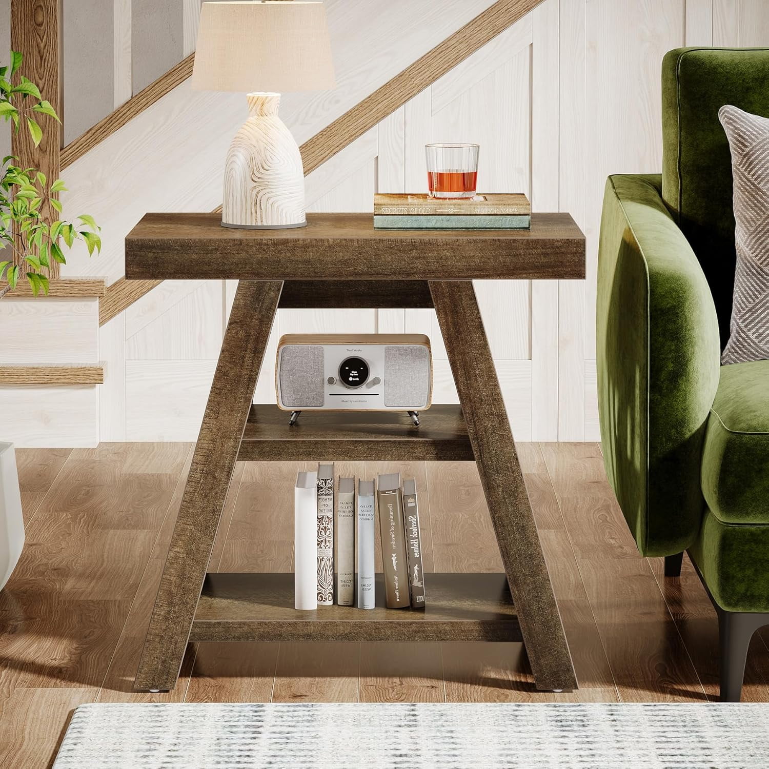 Tribesigns End Table for Living Room, 3-Tier Narrow Wood Farmhouse Sofa Side Table with Storage Shelf, Vintage Heavy-Duty Bedside Table for Bedroom, Rustic Brown