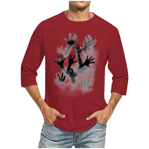 Virmaxy Mens 2024 Printed sports and fitness T-shirt with seven-quarter sleeves Short sleeves round neck shirt/blouse Wine-3 XL