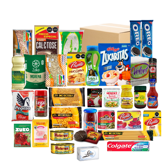 Despensa Empresarial Completa en caja con 33 productos.