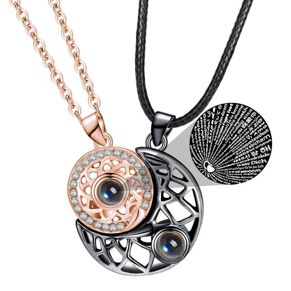I Love You Necklace 100 Languages for Him and Her Projection Necklace Matching Sun and Moon Necklaces for Couples and Best Friends