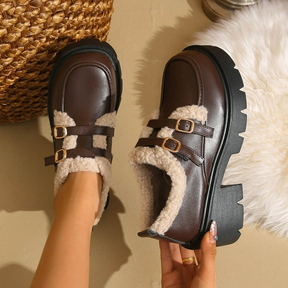 Wowcloth Loafer Shoes for Women – Comfortable Winter Plush Lined Slip-On with Round Toe & Chunky Mid Heel for Casual Winter Footwear