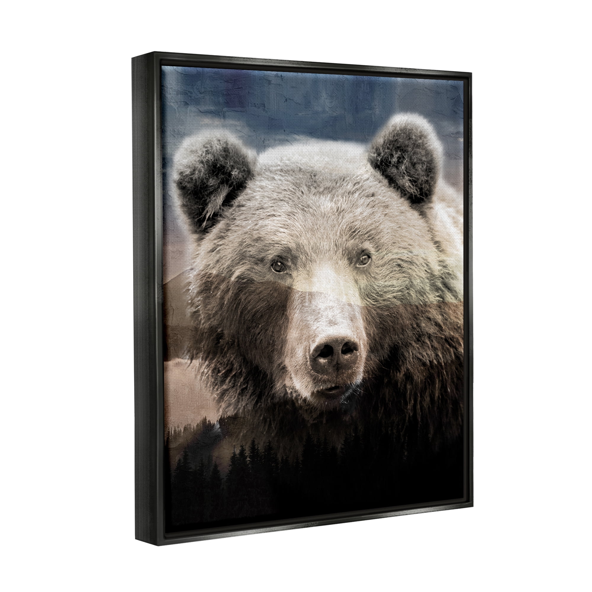 Stupell Industries Grizzly Bear Face Portrait Animals & Insects Painting Black Floater Framed Canvas Art Print Wall Art, 17 x 21