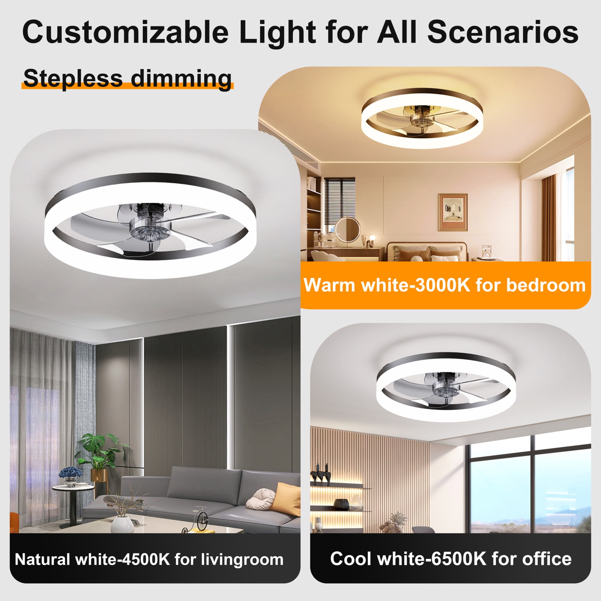 Leumius 19.7" LED Ceiling Fan Light with Remote and App Control, 6 Speeds, Dimmable, 3000K-6500K, Flush Mount Fandelier for Bedroom Black
