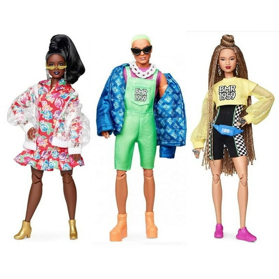 Barbie BMR 1959 Poseable Retro Dolls - One of Each- Bike Shorts & Romper, Neon Overall & Puffer Jacket, Vinyl Bomber Jacket, GHT94, GHT91, GHT96 - SET of 3