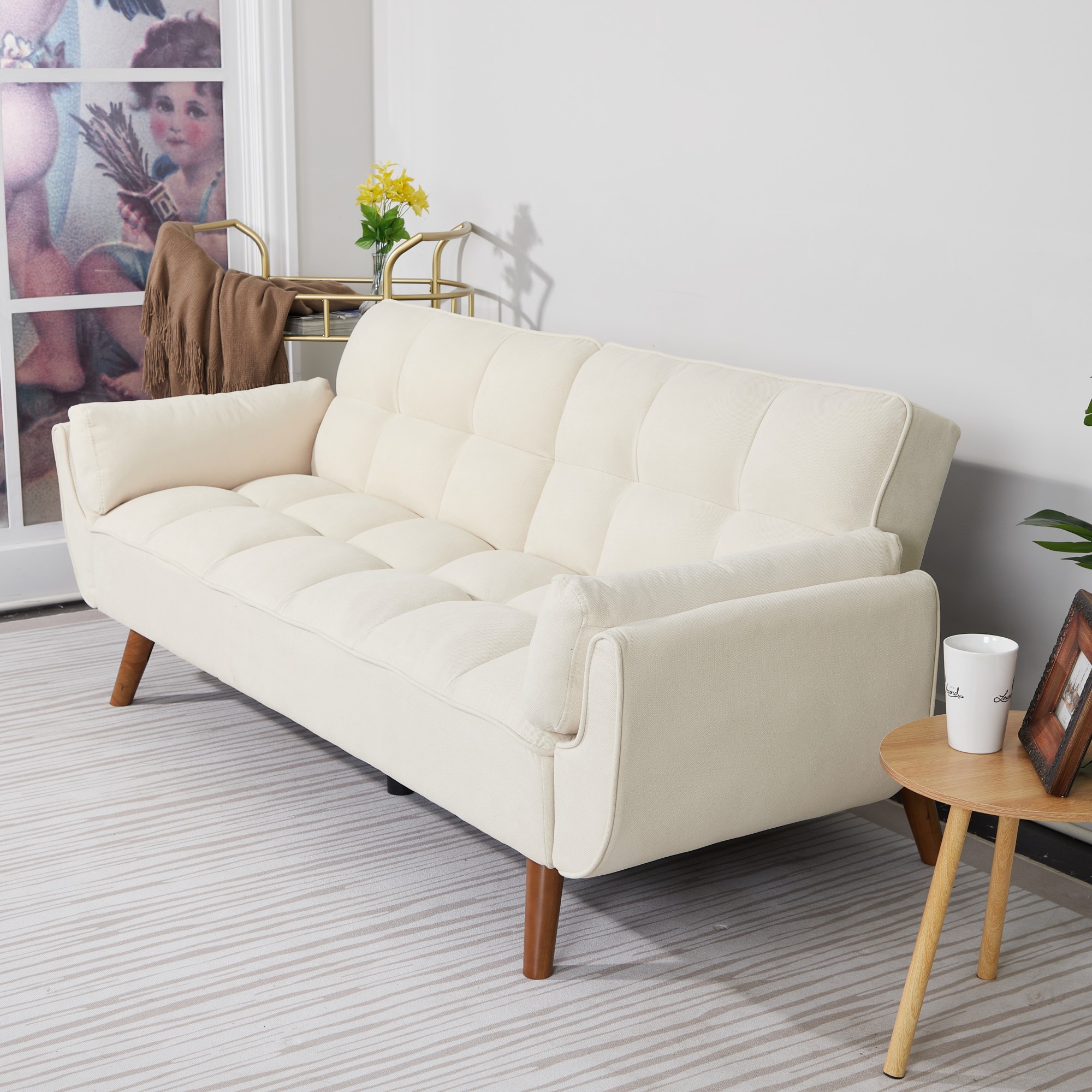 Gewnee Mid-Century Modern Beige Sofa - Solid Eucalyptus Wood Frame, 500 lbs Capacity, S-Shaped Springs for Apartments, Living Rooms, Studies