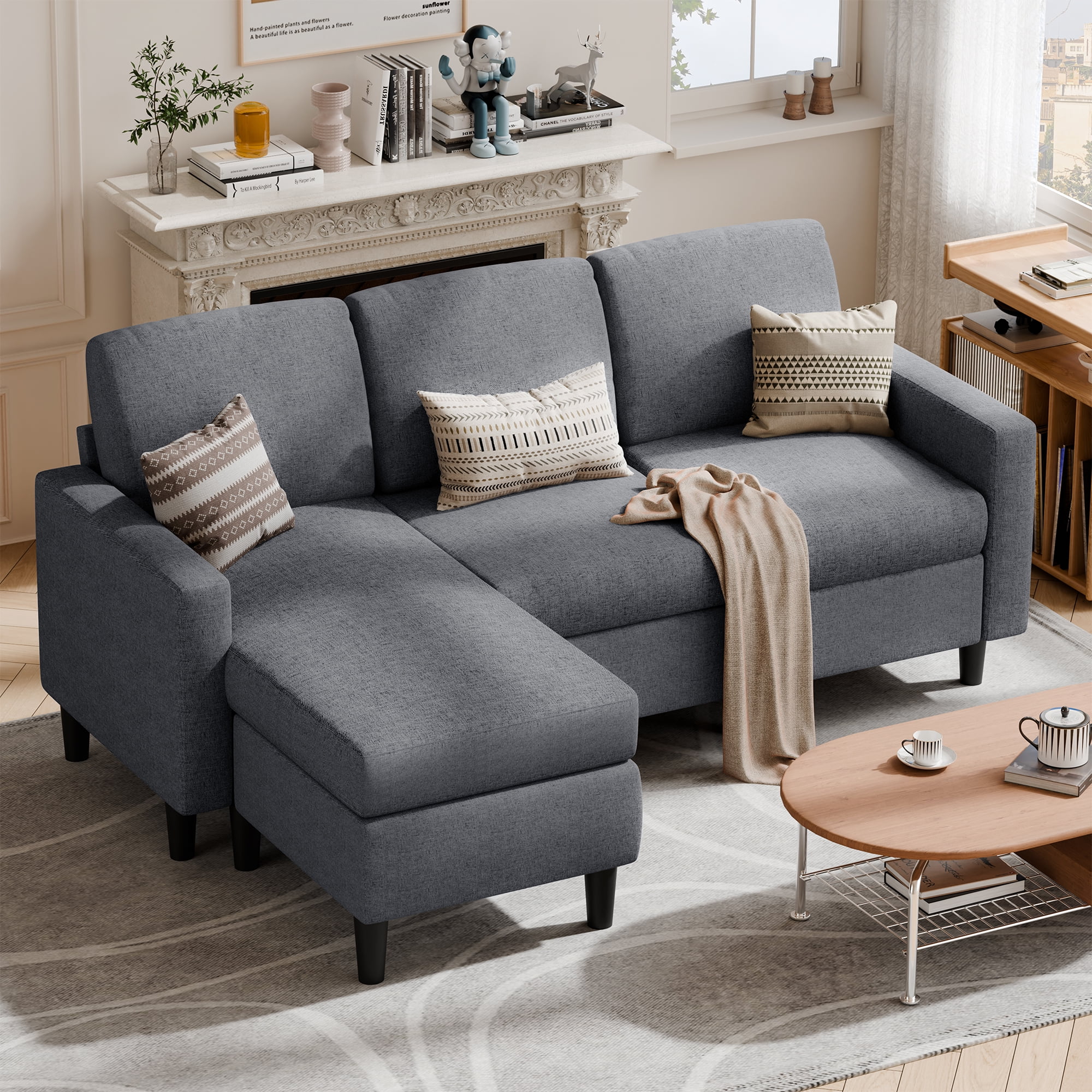 Walsunny 73.6" Convertible Sectional Sofa Couch, L-Shaped 3-Seat Sofa Couch with Reversible Chaise for Small Space,Dark Gray