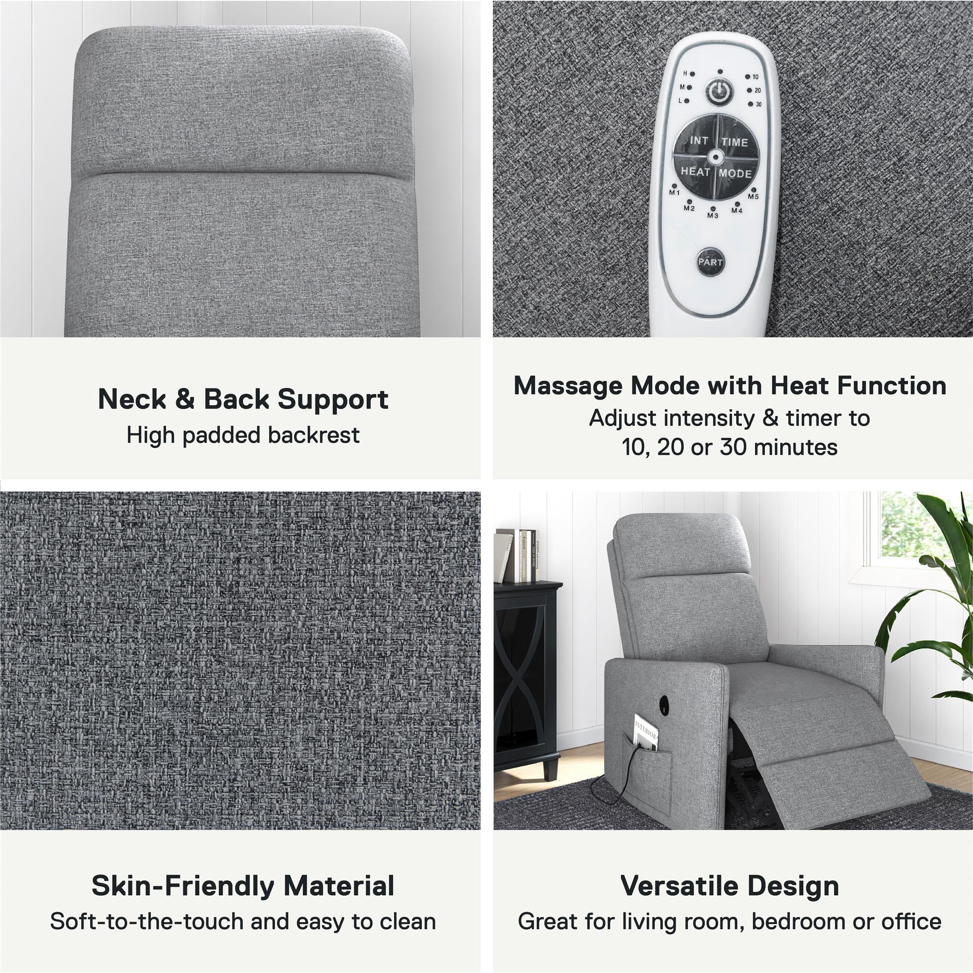 DHP Kai Power Recliner Chair with 8 Zone Massage and Lumbar Heat, Dark Gray Linen