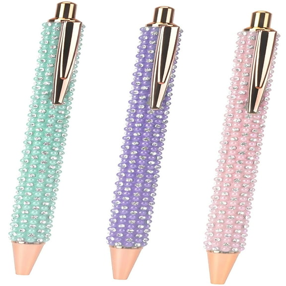 ACDANC Rhinestone Pen,Metal Pen,Black Ink Retractable Metal Pen,for Women Office Desk Supplies (3 Pcs,Silver,Blue)