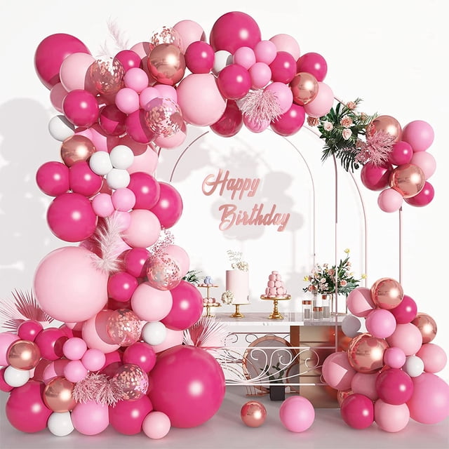 Conjunto de corona de globo rosa, arco de globo rosa relleno, diferentes tamaños, globo de látex, decoración de fiesta de cumpleaños de princesa de boda