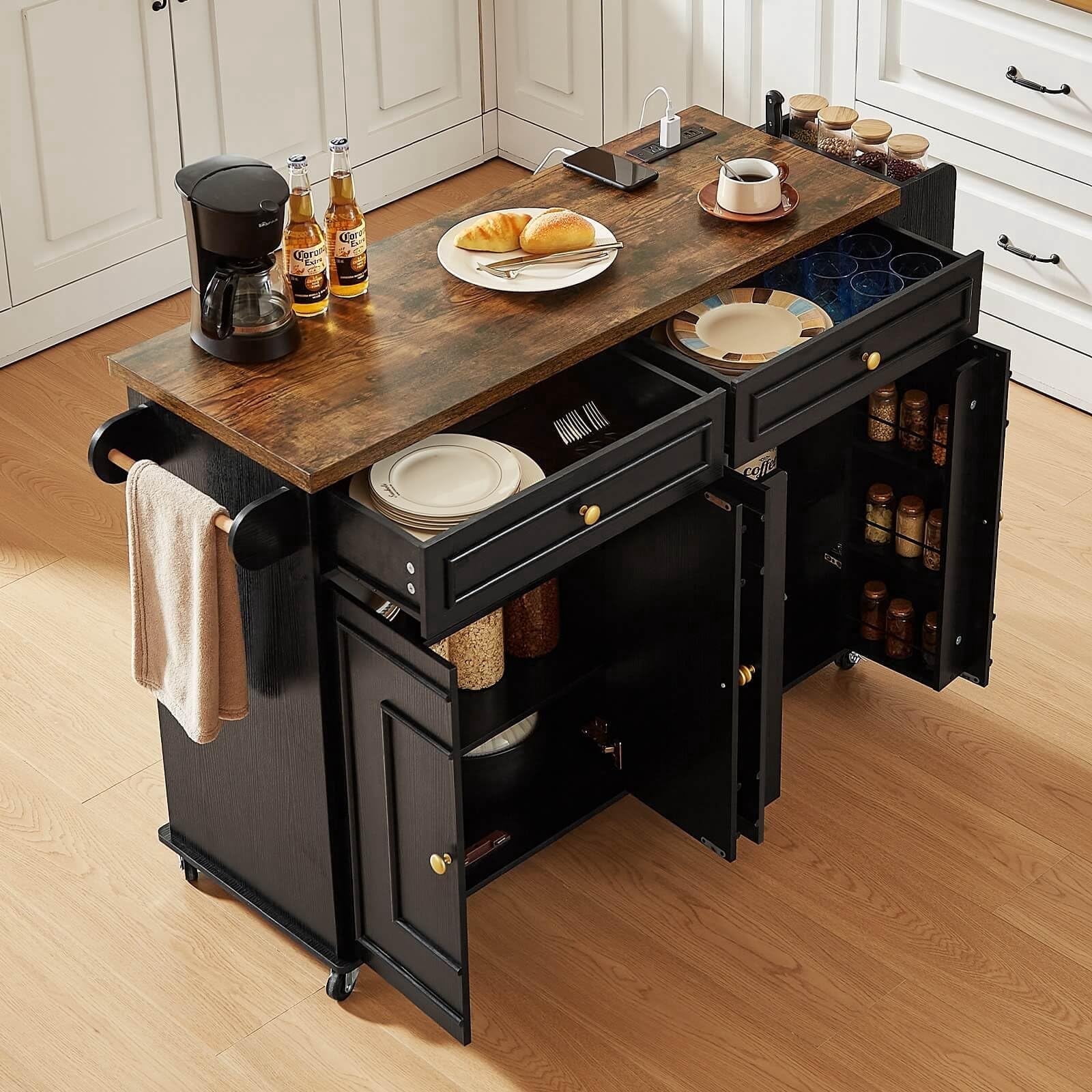 ROGALIS Mobile Kitchen Island, 58" Rolling Island Cart with Power Outlet, Island Table for Kitchen, Black