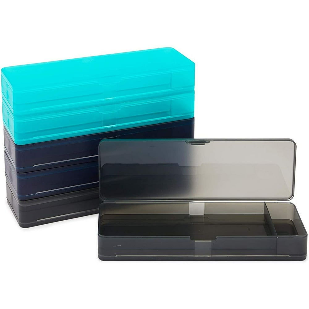 6 Pack Plastic Pencil Box Cases with Lid and Snap Closure Lock for