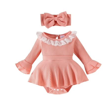 

UFOUND Toddler Baby Girl Clothes Long Sleeve Lace Ruffle Romper Back Button Jumpsuit Fall Bodysuits With Headband Child Infants Comfort Dailywear