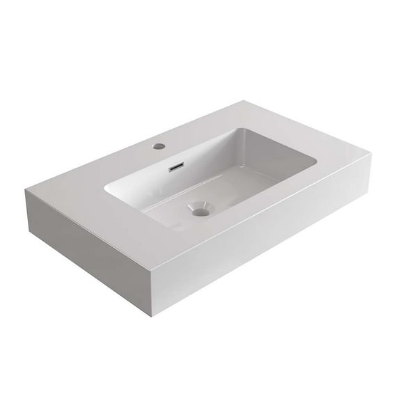 CITTANEO 30 inch Glossy White Solid Surface Integrated Sink - Vessel Bathroom Vanity Basin Without Drain or Faucet - Seamless Non-Porous Design