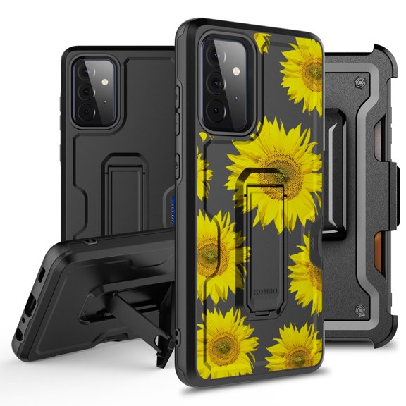 ANJ Rugged Hybrid Shockproof Case w/Kickstand Holster Clip Card Slot Cover for Samsung Galaxy A52 5G - Sunflower