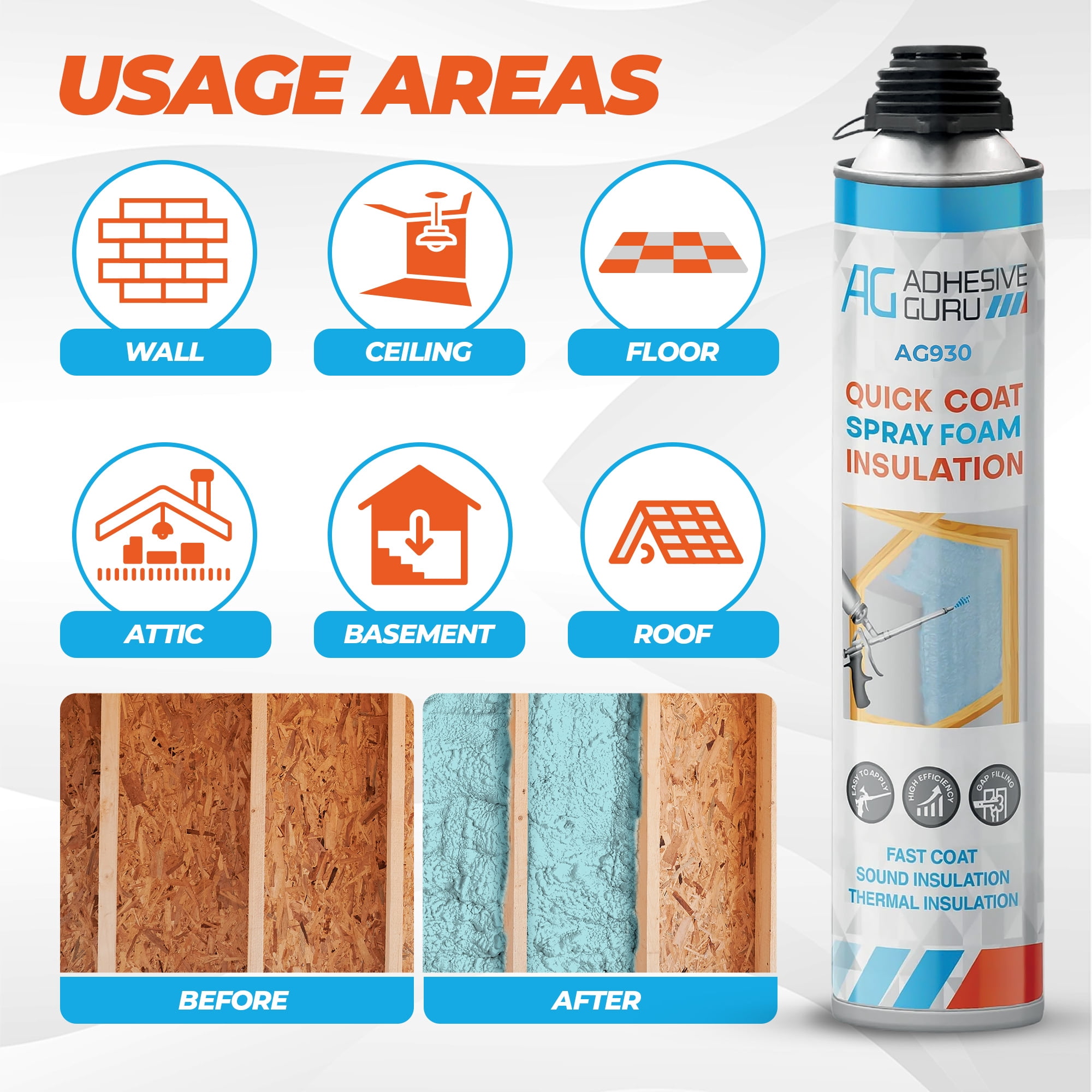 QuickCoat Closed Cell Spray Foam Insulation Kit for Wall–6x32.8oz(930g) Covers 120 Board Ft–DIY Expanding Sealant Set, Insulates Heat&Sound, Fills Gaps&Cracks–6 Foam Cans, Cleaner, Gun&Safety Gear