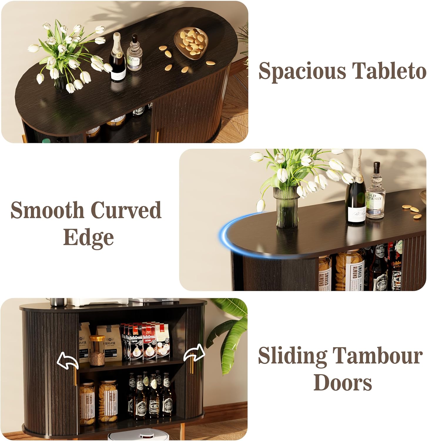TiramisuBest Sideboard Buffet Cabinet with Storage, 40" Storage Cabinet with Fluted Tambour Sliding Doors & Adjustable Shelf for Entryway, Kitchen, Home Bar (Black)