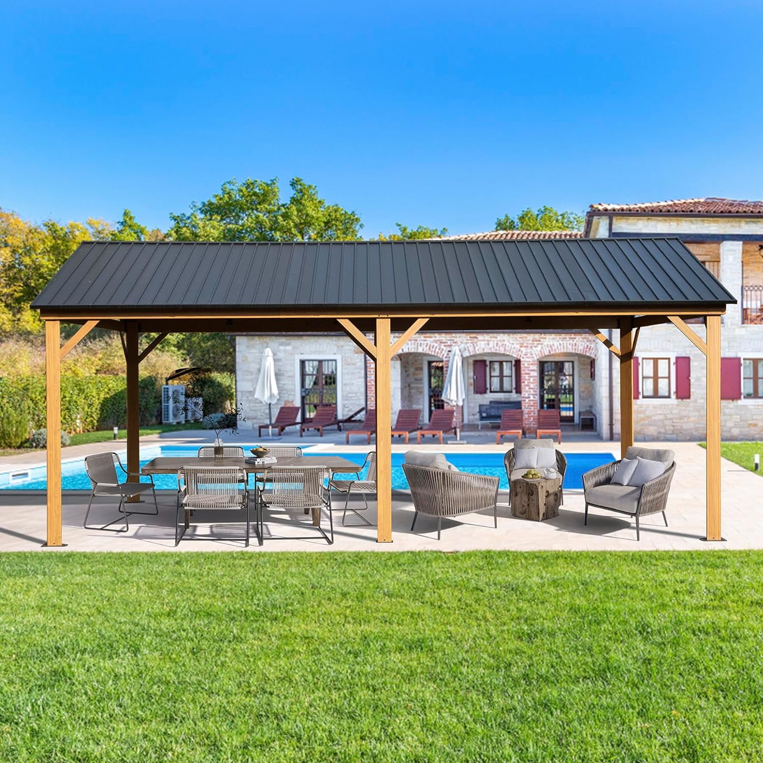 TOTAL 12' X 20' Hardtop Gazebo with Galvanized Steel Gable Roof and Wood Grain Aluminum Frame, Outdoor Permanent Gazebo Pavilion for Patio, Garden, Deck and Backyard