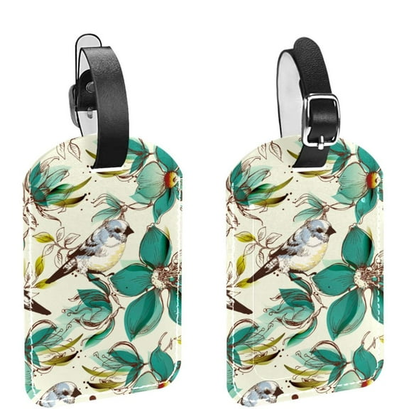 Square 2Pack PU Leather Bird Floral Vintage Cruise Luggage Tag with Privacy Cover and Name ID Tag for Travel Handbags Backpacks Luggage Tags
