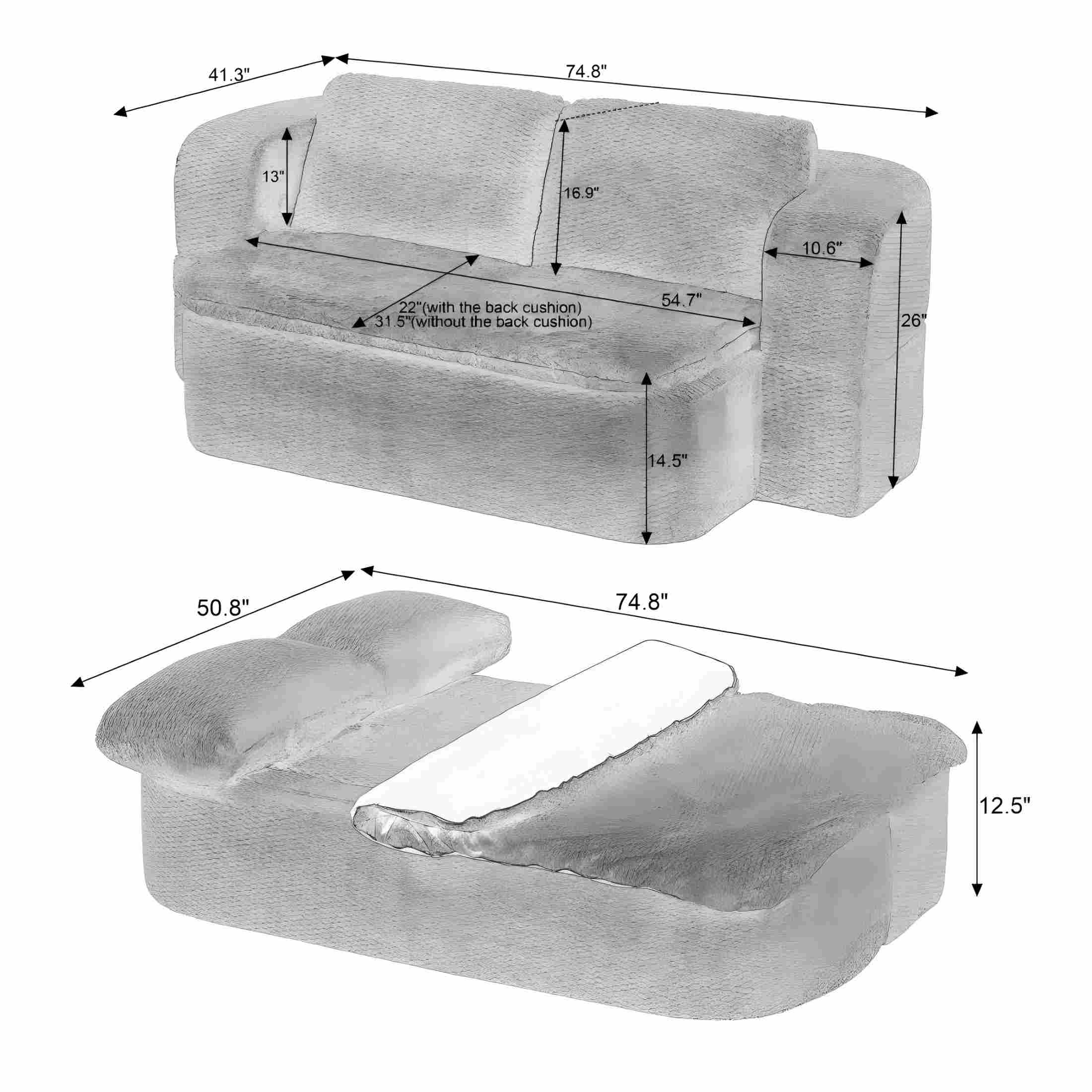 Aukfa 75-inch Convertible Loveseat Sofa Bed, Reversible Backrest, Faux Fur, No Assembl, White