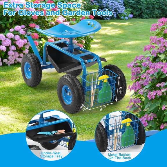 Blue Rolling Garden Seat with Wheels, 10in Inflatable Tires & 360 Swivel, Gardening Scooter Stool with Tool Basket & Steering Handle for Weeding, Lawn Care, Seniors, Bad Back, 30.7in Long Foldable