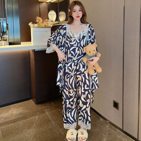 

PIKADINGNIS Summer Autumn Spring Sexy 3 Pieces Set Silk Elegant Women Pajamas Set Long Sleeve Top Elastic Waist Pants Lounge Sleepwear Set