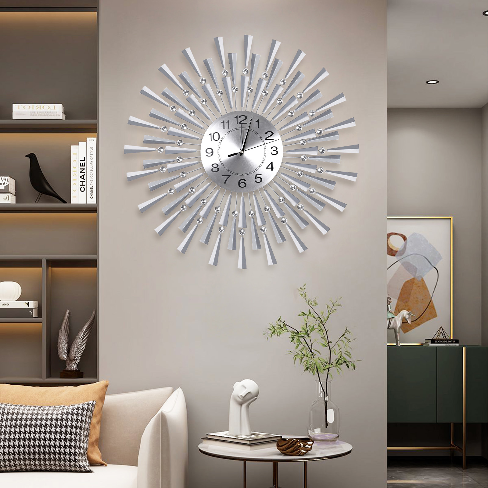 WOOW DEPOT 24" Large 3D Wall Clock Battery Operated Silent Non-Ticking Metal Morden Clock Watch for Living Room Bedroom Office Art Creative Decor, Silver