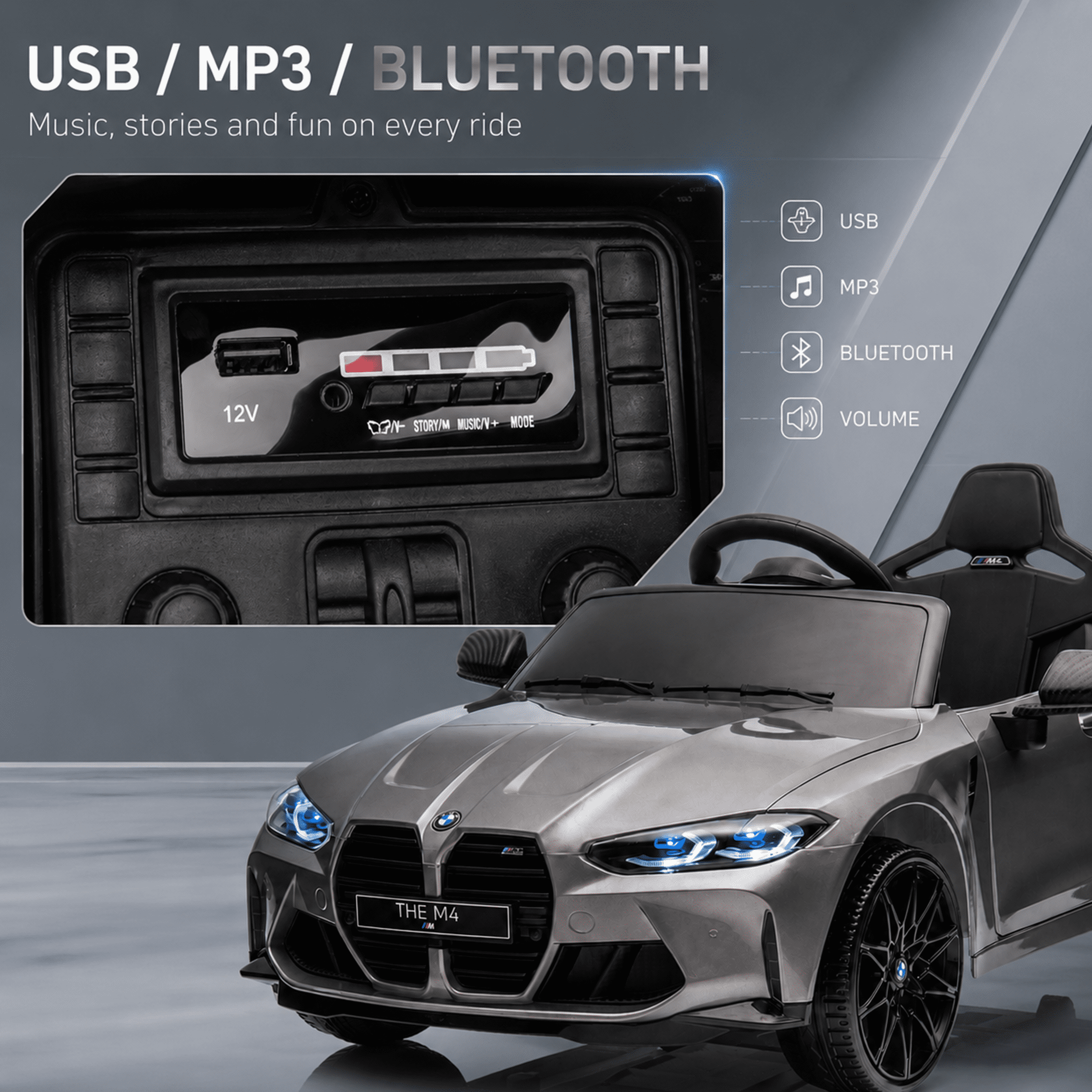 BMW M4 Kids Ride on Car Toy with Remote Control, 24V Powered Ride on Toys Cars W/Bluetooth/USB/MP3, Battery Display, LED, Handle with Wheels & Pull, Electric Car for Boy Girl, Gray