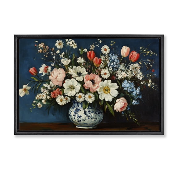 Stupell Industries French Country Colorful Bouquet in Vase Black Floating Frame Canvas Art, 25 x 17, by Petals Prints Design