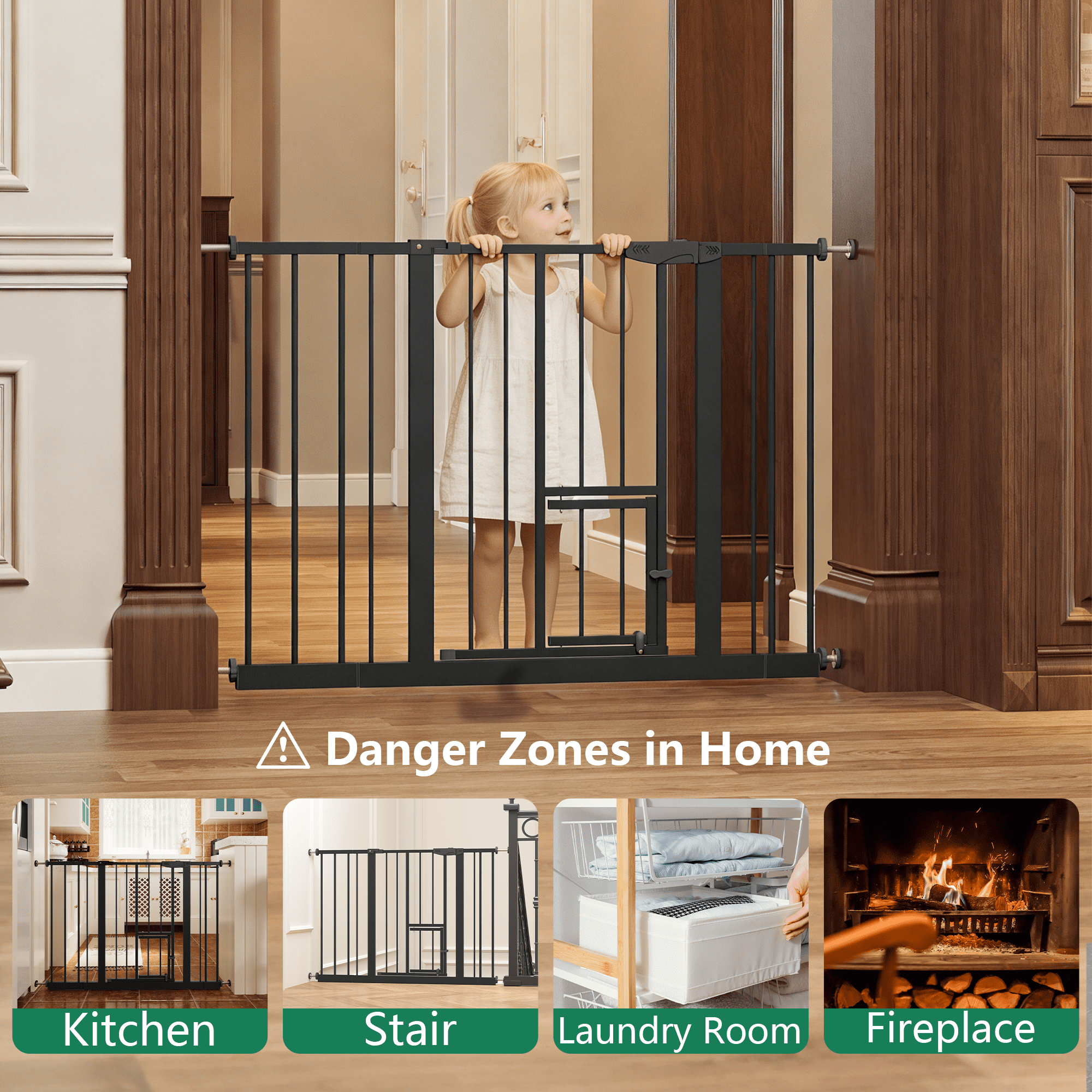 Baby Gate with Cat Door, 29.5-44.1" Metal Pet Door for Stairs & Doorways,Pressure Mounted,No Tools Needed, Black