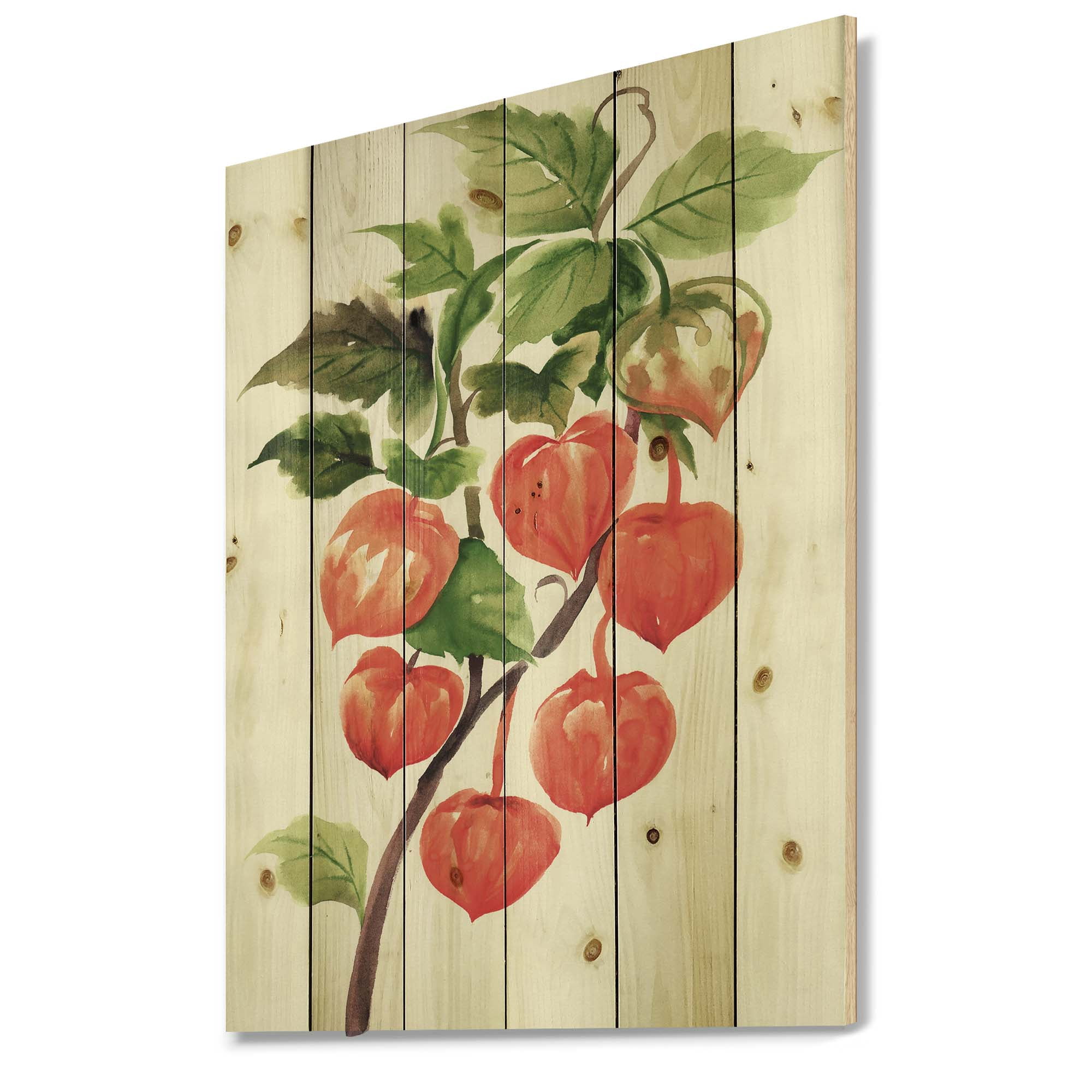 Designart 'A Red Physalis Branch' Traditional Print on Natural Pine Wood