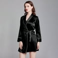 thumbnail image 2 of Women's Short Robe Silky Satin Bathrobe Comfy V Neck Solid Color Long Sleeve Sleepwear Soft Nightgown with Belt, 2 of 4
