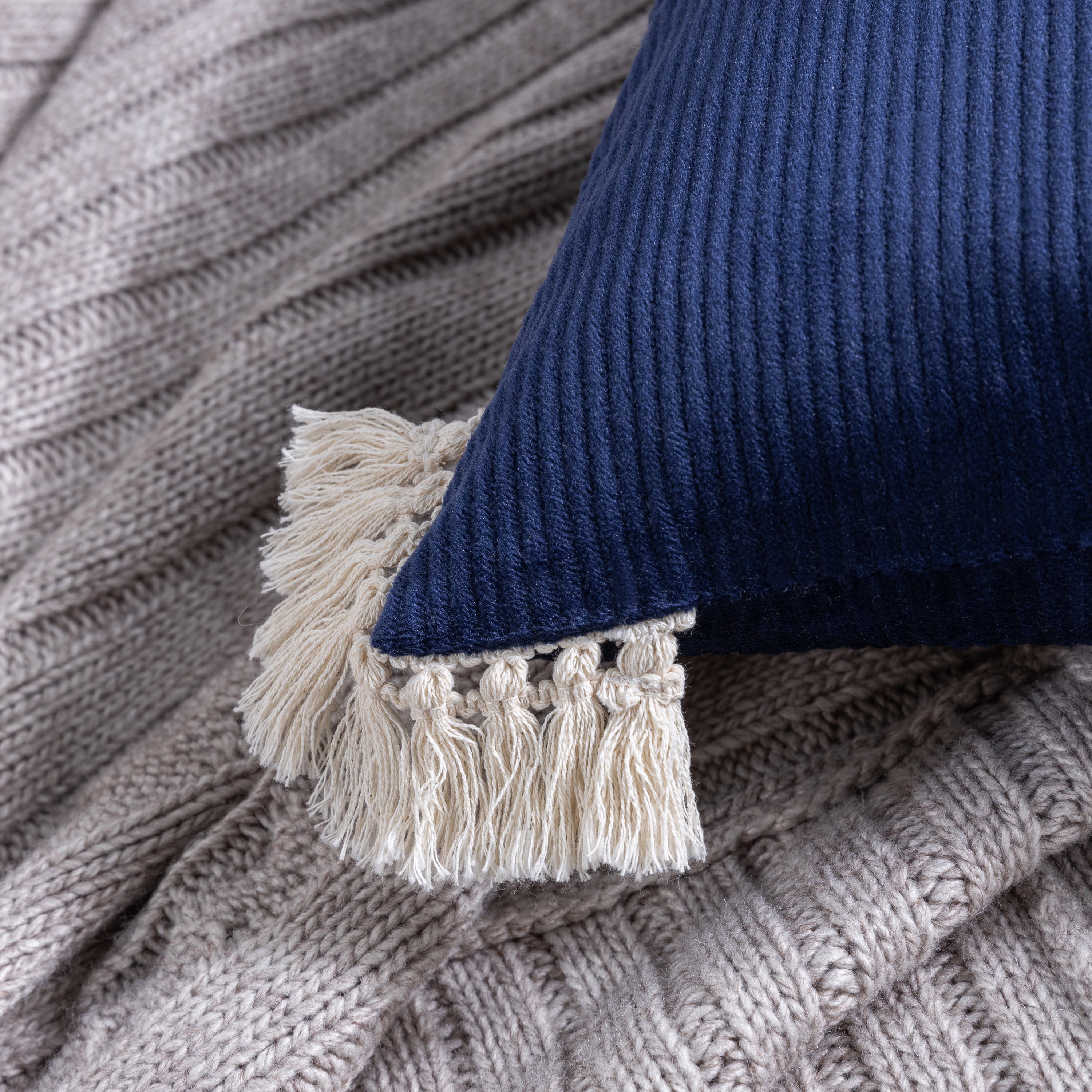 Phantoscope Christmas holiday Decorative Throw Pillow Set, Soft Corduroy Velvet with Cotton Tassel Series Covers with inserts, 18" x 18", Navy, 2 Pack