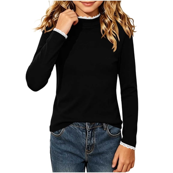Fesfesfes Girls Lace Trim Crew Neck Top Brushed Long Sleeve Shirt, Warm Winter Base Layer for School Casual Wear Ages 10-15 Years