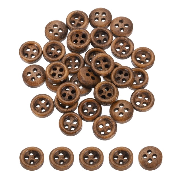 50 piezas de botones de madera, 10 mm (13/32") botón redondo de 4 agujeros para costura manualidades, parte trasera plana para costura de manualidades de ropa, marrón