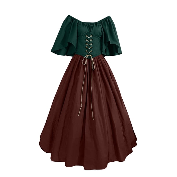 Gibobby Maxi Vestido De Dama Disfraz medieval para mujer Vestido de camisa irlandesa con manga de trompeta con corsé Vestido tradicional Halloween Disfraces de cosplay Vestido de corsé(Café, S)