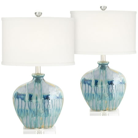 Small Coastal Living Rooms Possini Euro Design Coastal Table Lamps Set of 2 Ceramic Blue Drip Off White Oval Shade for Living Room Family Bedroom Office ()