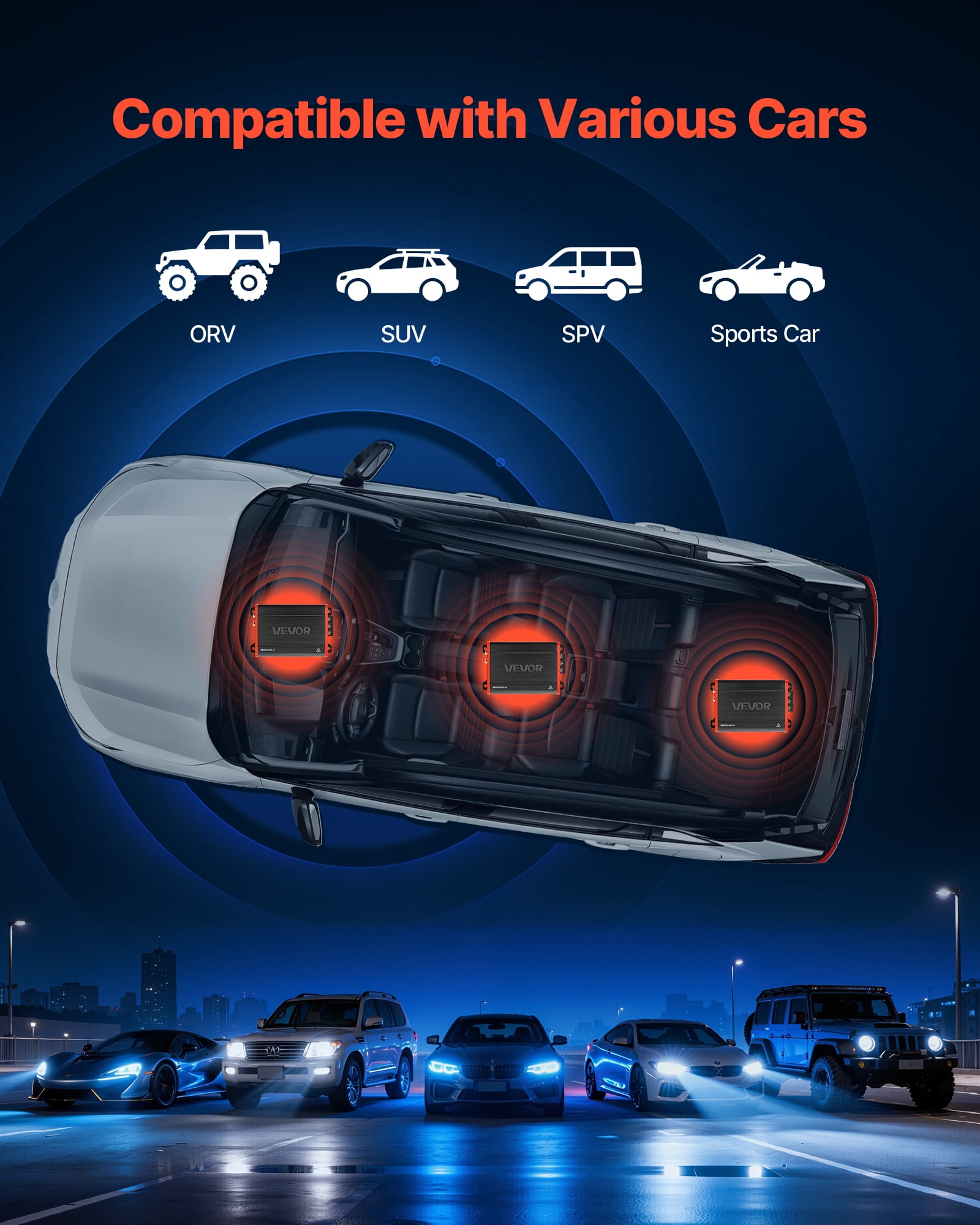 VEVOR 4 Channel Car Audio Amplifier 2 Ohm Stable Bridgeable Class D Full Range Amp Max Power 4 x 120W @ 4 Ohm / 4 x 200W @ 2 Ohm for Car SUV Truck Off-Road