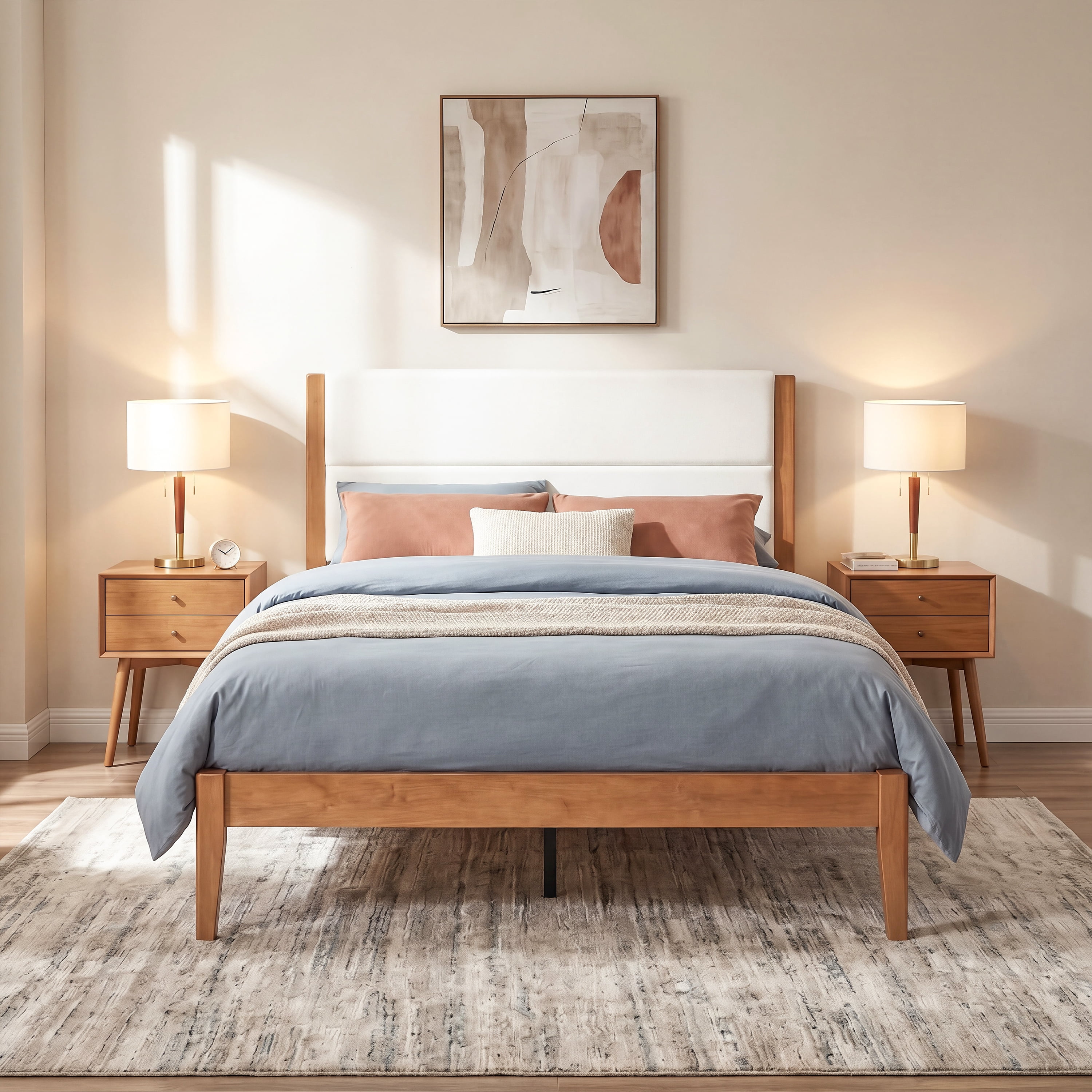 Queen Size Modern Wood Platform Bed Frame with Upholstered Headboard, No Box Spring Needed