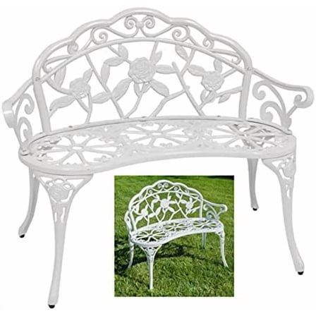 Wrought Iron Curved Steel Rose Pattern Patio Bench, Antique Style Backyard/Garden/Loveseat Outdoor Indoor Pool Side Balcony Home Office Solid Legs$$Garden & Patio