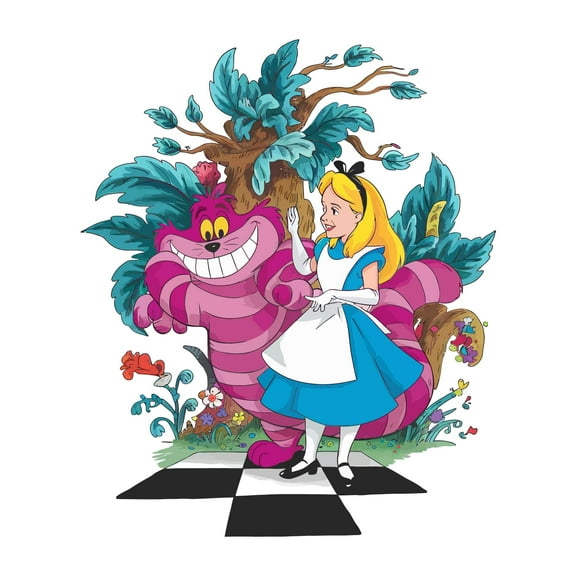 Cute Alice and mischievous Cat Mad Hatter Cheshire Cat Alice in Wonderland Adventurous Creative Minimalist Cartoon Girls Boys Kid Room Design Nursery Fun Home Vinyl Decoration Size (10x12 inch)