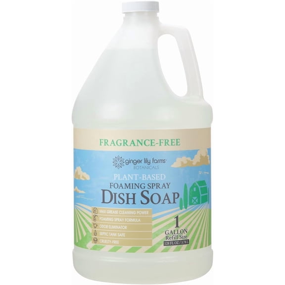 Botanicals Plant-Based Foaming Spray Dish Soap, Concentrated Formula with Max Grease Cleaning Power, Cruelty-Free, Fragrance-Free, 1 Gallon Refill (128 Fl Oz)