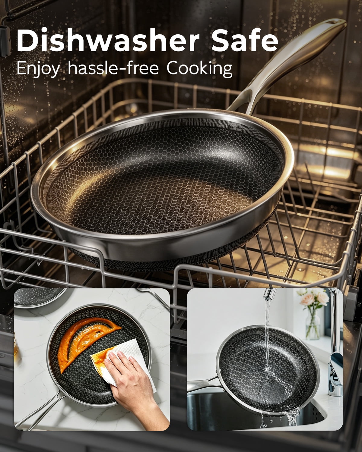 FogDream Non Stick Frying Pans Set, 10 & 11 Inch Tri-Ply  Stainless Steel Pans with Lids  for All Cooktops, Dishwasher & Oven-Safe Cooking Pan,Silver