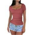 thumbnail image 2 of Fanxing Women V Neck Short Sleeve Slim Fitted T-Shirts Basic Tees 2025 Summer Going Out Tops Wine,XL, 2 of 7