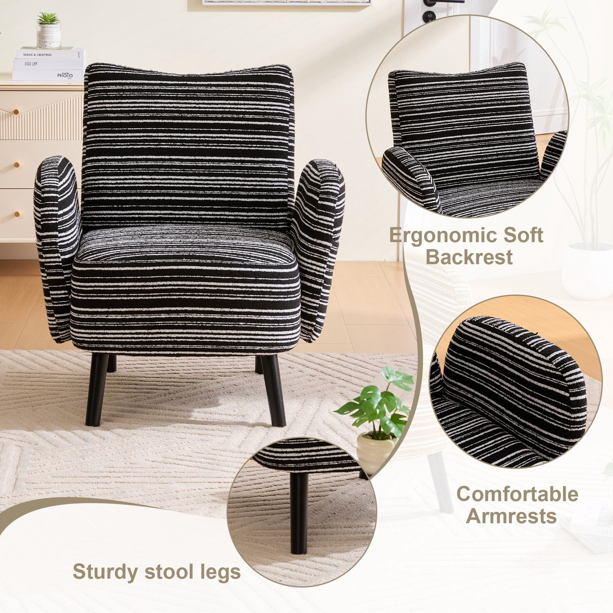 Sailvan Modern Armchair,Sanded Fabric Reading Chair with Side Storage Pocket & Solid Wood Legs for Living Room,Bedroom & Office Black