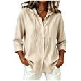 thumbnail image 2 of Qulqfy Cotton Blouses for Women Fall Casual 3/4 Sleeve Solid Beige Work Hooded Button Up Drawstring Dressy Womens Tops L, 2 of 6