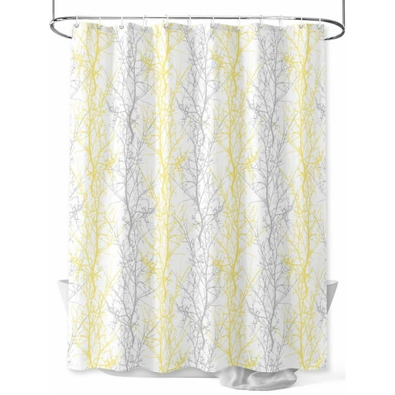 Yellow Grey Shower Curtain, Tree Branch Waterproof Shower Curtain Set with 12 Hooks Lightweight Washable Fabric Shower Curtains for Bathroom 72x78 Inches