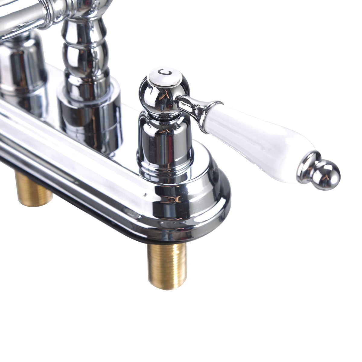 Chrome Polished Heavy Duty Brass Centerset Bathroom Sink Faucet 4" L Lux Belle Style White Double Handles Labeled Hot and Cold Accent Vanity Faucets with Supply Lines Renovators Supply Manufacturing