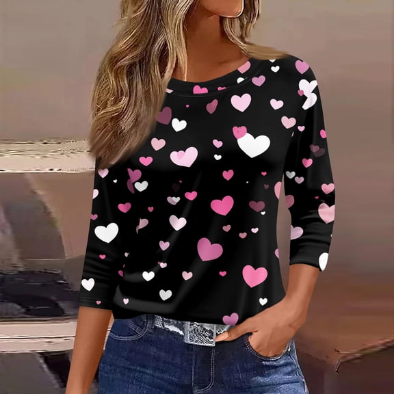 Resicozy Valentines Shirts for Women Fashion 2026 Cute Love Heart Printed Tunic Tops Plus Size Casual Spring 3/4 Sleeve Blouses Black L