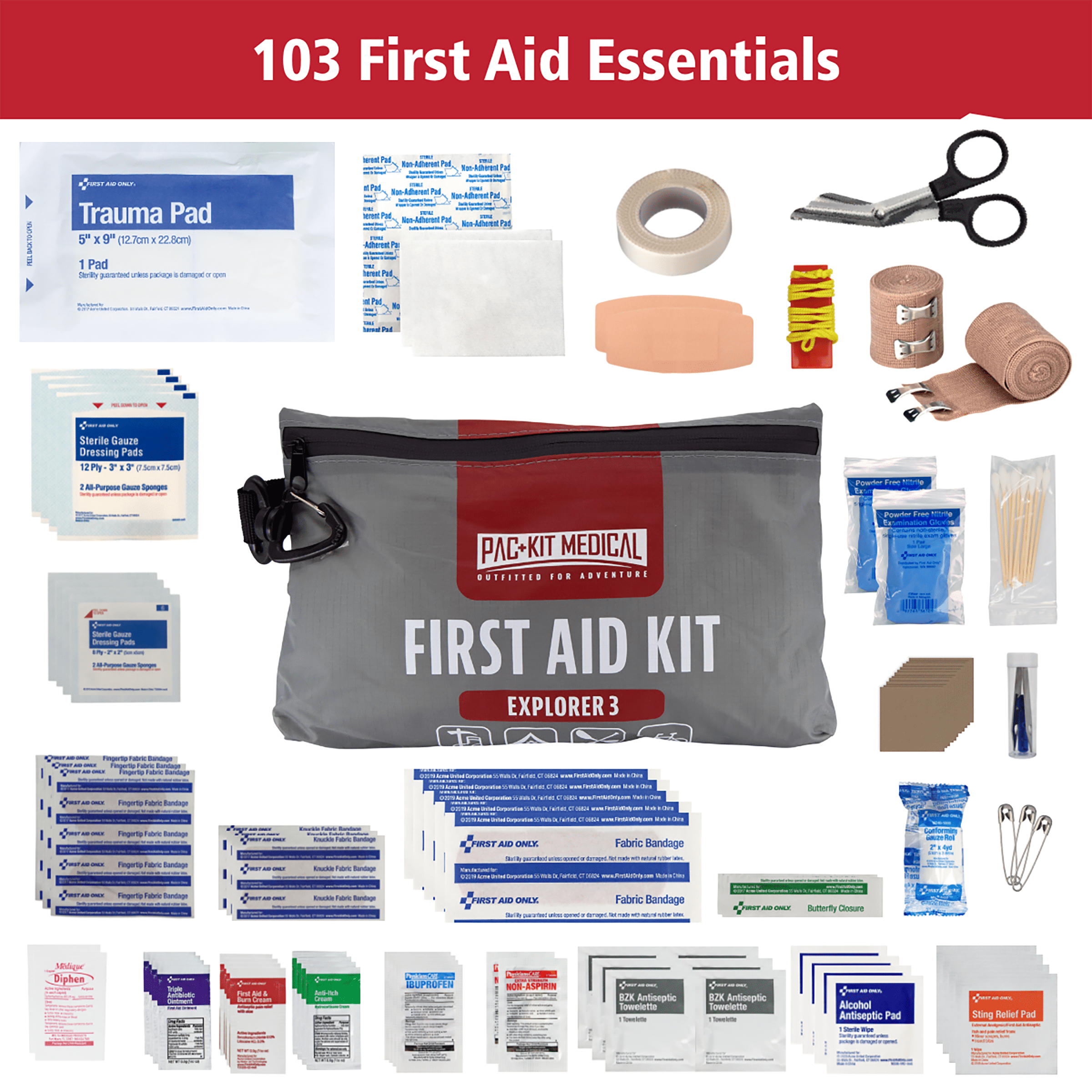 Pac-Kit Watertight Explorer First Aid Kit, 103-Piece Waterproof Emergency Kit for Outdoor Safety, Camping, Hiking, Travel, and Home