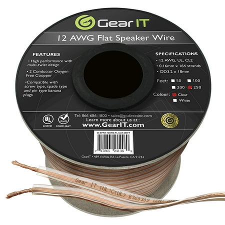 GearIT Elite Series 12AWG Flat Speaker Wire (250 Feet / 76 Meters) - Oxygen Free Copper (OFC) CL2 Rated in-Wall Installation, (Best Clear Motion Rate)
